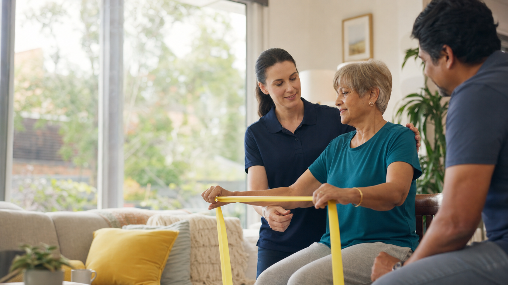 Physiotherapist supporting a person during a home visit